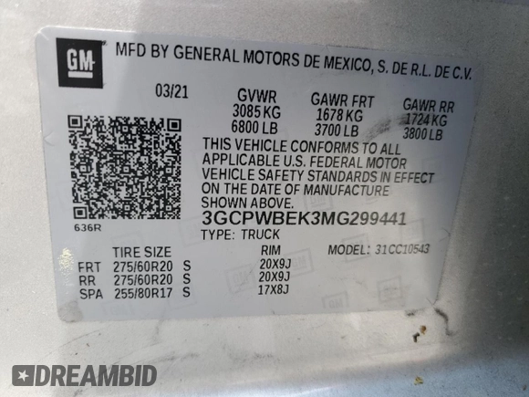 2021 Chevrolet Silverado 1500 Custom with VIN 3GCPWBEK3MG299441, listed as a Copart auction lot 51321725 with 123,104 mi miles and Salvage Title. Bid and sale history available at DreamBid. Image 13.
