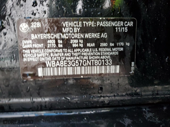 2016 BMW 3 Series 328i xDrive with VIN WBA8E3G57GNT80133, listed as a Copart auction lot 47938515 with 0 mi miles and Salvage Title. Bid and sale history available at carsss.com. Image 12.