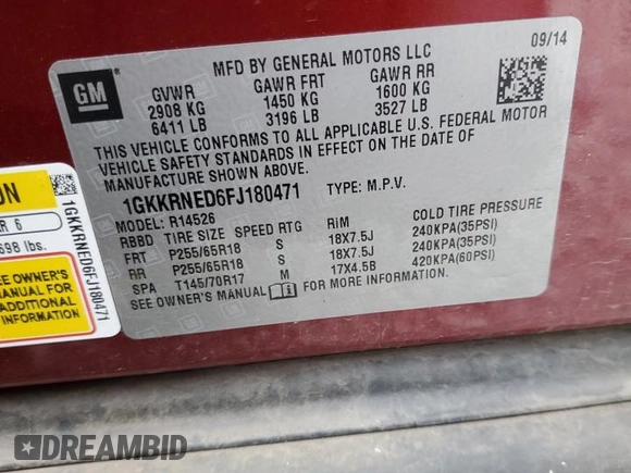 2015 GMC Acadia SLE with VIN 1GKKRNED6FJ180471, listed as a Copart auction lot 49637245 with 173,873 mi miles and Salvage Title. Bid and sale history available at DreamBid. Image 15.