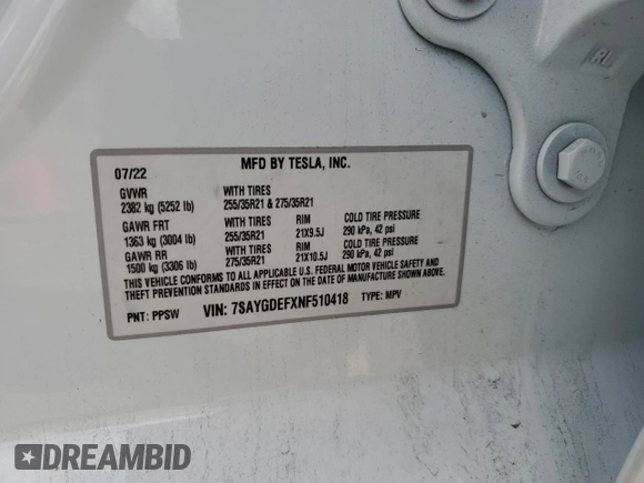 2022 Tesla Model Y Performance with VIN 7SAYGDEFXNF510418, listed as a Copart auction lot 51131465 with 16,263 mi miles and Salvage Title. Bid and sale history available at DreamBid. Image 13.
