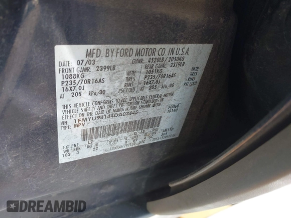 2004 Ford Escape XLT с VIN 1FMYU93144DA03445, выставлен на аукционе IAAI как лот 41983929 с пробегом 163 360 миль миль и . История ставок и продаж доступна на DreamBid. Изображение 9.