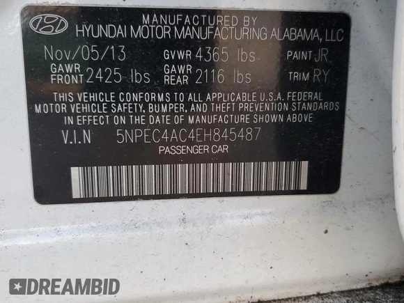 2014 Hyundai Sonata SE with VIN 5NPEC4AC4EH845487, listed as a Copart auction lot 41871765 with Not Provided miles and Salvage Title. Bid and sale history available at DreamBid. Image 12.
