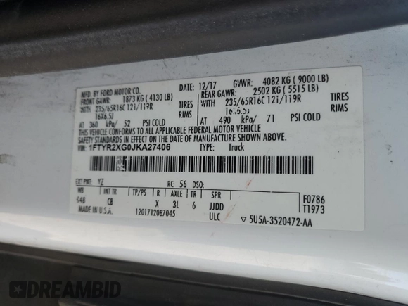 2018 Ford Transit with VIN 1FTYR2XG0JKA27406, listed as a Copart auction lot 52345725 with 136,770 mi miles and Clean title. Bid and sale history available at DreamBid. Image 13.