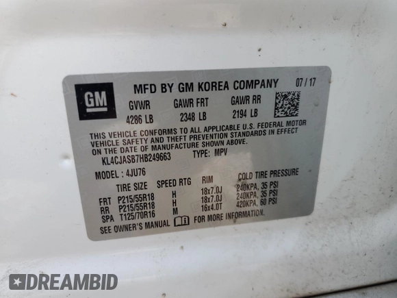 2017 Buick Encore Preferred with VIN KL4CJASB7HB249663, listed as a Copart auction lot 60796365 with 105,902 mi miles and Salvage title. Bid and sale history available at DreamBid. Image 13.