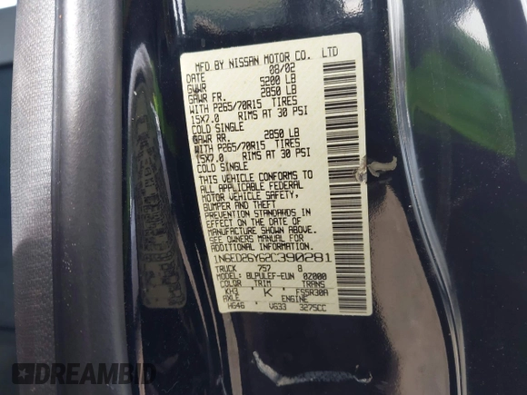 2002 Nissan Frontier XE z VIN 1N6ED26Y62C390281, wystawiony jako IAAI lot #41815164 z przebiegiem 145 438 mil mil oraz . Historia ofert i sprzedaży dostępna na DreamBid. Obrazek 9.