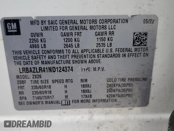 2022 Buick Envision Preferred with VIN LRBAZLR41ND124374, listed as a Copart auction lot 42351565 with 44,295 mi miles and Clean Title. Bid and sale history available at carsss.com. Image 14.