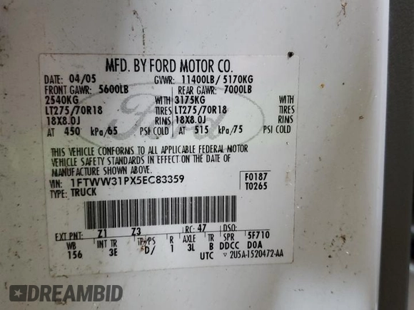 2005 Ford F-350 XL with VIN 1FTWW31PX5EC83359, listed as a Copart auction lot 54548165 with Not Provided miles and Clean Title. Bid and sale history available at DreamBid. Image 12.