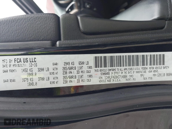 2017 Jeep Grand Cherokee Laredo with VIN 1C4RJFAG9HC714884, listed as a IAAI auction lot 41777396 with 85,440 mi miles. Bid and sale history available at carsss.com. Image 9.
