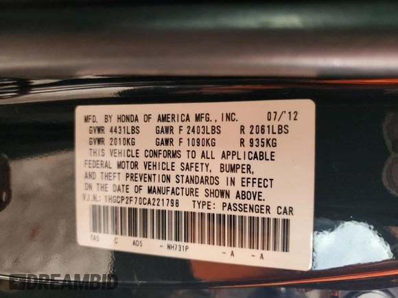 2012 Honda Accord EX with VIN 1HGCP2F70CA221798, listed as a Copart auction lot 59761945 with 125,948 mi miles and Salvage title. Bid and sale history available at DreamBid. Image 13.