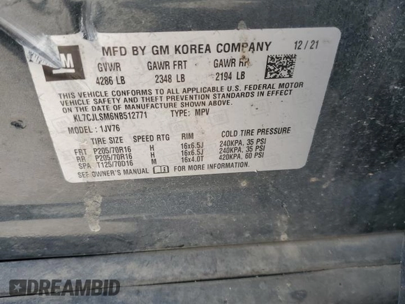 2022 Chevrolet Trax LT with VIN KL7CJLSM6NB512771, listed as a Copart auction lot 61241545 with 54,709 mi miles and Salvage title. Bid and sale history available at DreamBid. Image 14.