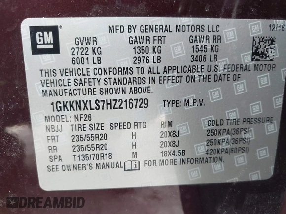 2017 GMC Acadia Denali with VIN 1GKKNXLS7HZ216729, listed as a IAAI auction lot 42256467 with 87,302 mi miles and . Bid and sale history available at DreamBid. Image 9.