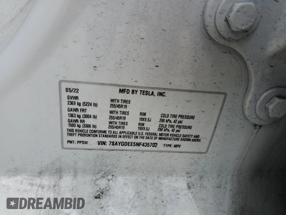 2022 Tesla Model Y Long Range with VIN 7SAYGDEE5NF435702, listed as a Copart auction lot 43754325 with 47,121 mi miles and Salvage Title. Bid and sale history available at carsss.com. Image 15.