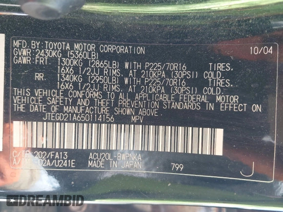 2005 Toyota Highlander with VIN JTEGD21A650114156, listed as a IAAI auction lot 42291074 with 157,370 mi miles and . Bid and sale history available at DreamBid. Image 9.