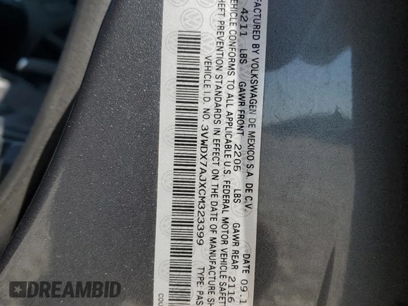 2012 Volkswagen Jetta Sedan SE w/Convenience & Sunroof with VIN 3VWDX7AJXCM323399, listed as a Copart auction lot 48966775 with 130,378 mi miles and Salvage Title. Bid and sale history available at carsss.com. Image 12.