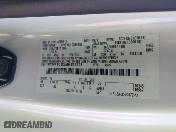 2021 Ford F-150 XL with VIN 1FTMF1CBXMKE33693, listed as a IAAI auction lot 41842871 with 55,483 mi miles and . Bid and sale history available at DreamBid. Image 9.