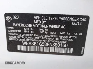 2014 BMW 3 Series 320i with VIN WBA3B1G58ENS80160, listed as a IAAI auction lot 42029951 with 97,306 mi miles. Bid and sale history available at carsss.com. Image 9.
