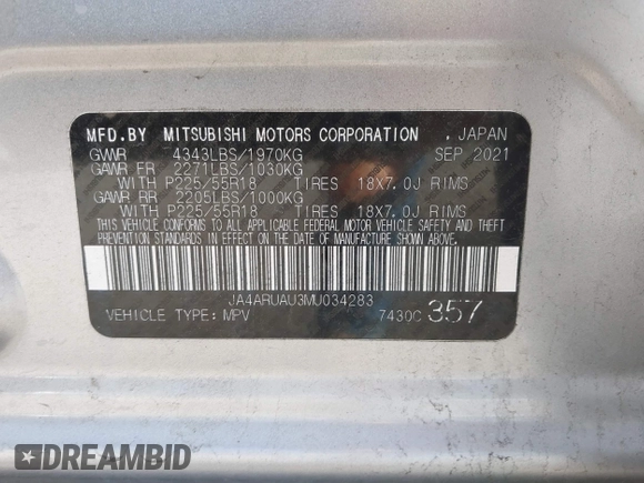 2021 Mitsubishi Outlander Sport ES with VIN JA4ARUAU3MU034283, listed as a IAAI auction lot 41082090 with 73,908 mi miles. Bid and sale history available at carsss.com. Image 9.