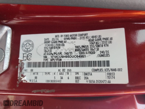2013 Ford Escape SEL with VIN 1FMCU9H95DUC64981, listed as a Copart auction lot 59141045 with 160,054 mi miles and Salvage title. Bid and sale history available at DreamBid. Image 12.