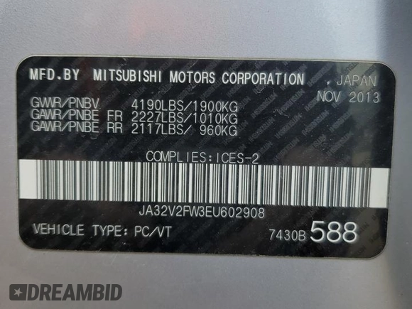 2014 Mitsubishi Lancer SE z VIN JA32V2FW3EU602908, wystawiony jako Copart lot #60148705 z przebiegiem 188 938 mil mil oraz Szkoda całkowita • Salvage title. Historia ofert i sprzedaży dostępna na DreamBid. Obrazek 12.