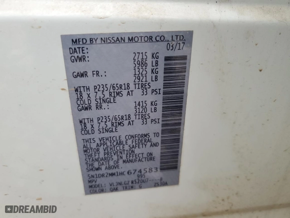 2017 Nissan Pathfinder S with VIN 5N1DR2MM1HC674583, listed as a Copart auction lot 51873795 with 128,539 mi miles and Clean Title. Bid and sale history available at carsss.com. Image 13.
