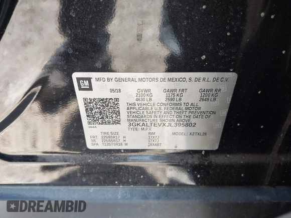 2018 GMC Terrain SLE z VIN 3GKALTEVXJL395802, wystawiony jako IAAI lot #41904399 z przebiegiem 54 499 mil mil oraz . Historia ofert i sprzedaży dostępna na DreamBid. Obrazek 9.