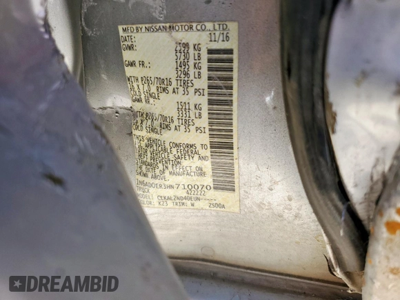2017 Nissan Frontier SV with VIN 1N6AD0ER3HN710070, listed as a Copart auction lot 60162355 with Not provided miles and Salvage title. Bid and sale history available at DreamBid. Image 13.
