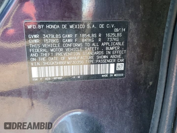 2015 Honda Fit EX-L with VIN 3HGGK5H86FM730356, listed as a Copart auction lot 41883655 with Not provided miles and Salvage title. Bid and sale history available at DreamBid. Image 12.