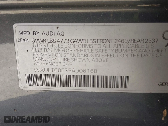 2005 Audi A4 3.0L с VIN WAULT68E35A006168, выставлен на аукционе IAAI как лот 41843262 с пробегом 125 218 миль миль и . История ставок и продаж доступна на DreamBid. Изображение 9.