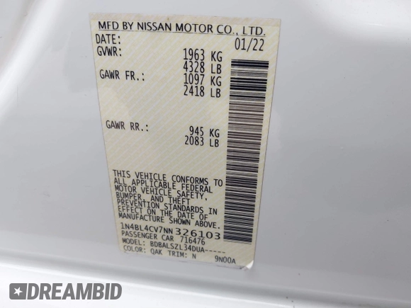 2022 Nissan Altima SR with VIN 1N4BL4CV7NN326103, listed as a IAAI auction lot 41644881 with 54,580 mi miles and . Bid and sale history available at DreamBid. Image 9.