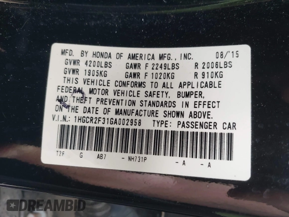2016 Honda Accord Sedan LX with VIN 1HGCR2F31GA002958, listed as a IAAI auction lot 41907751 with 151,570 mi miles. Bid and sale history available at carsss.com. Image 9.