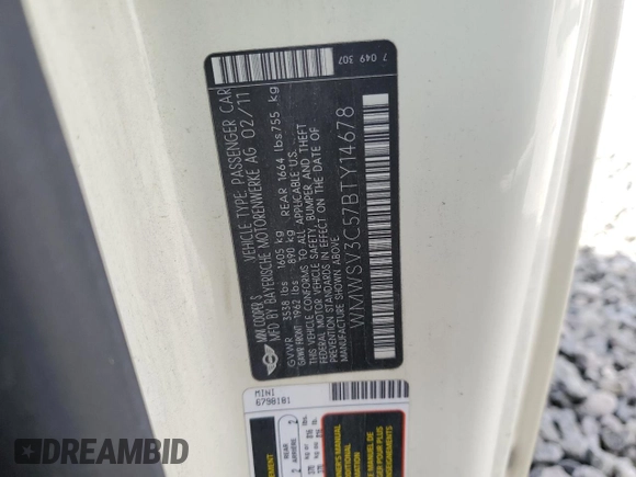 2011 MINI Hardtop S with VIN WMWSV3C57BTY14678, listed as a Copart auction lot 55501545 with 119,995 mi miles and Salvage title. Bid and sale history available at DreamBid. Image 12.
