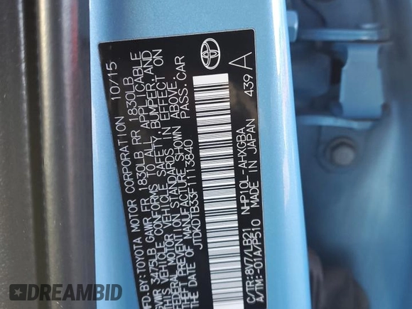 2015 Toyota Prius One with VIN JTDKDTB33F1113840, listed as a Copart auction lot 45759585 with 79,464 mi miles and Non Repairable. Bid and sale history available at DreamBid. Image 12.