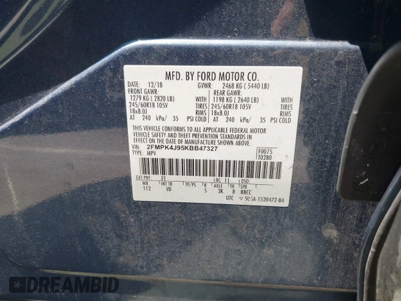 2019 Ford Edge SEL with VIN 2FMPK4J95KBB47327, listed as a IAAI auction lot 42765430 with 97,129 mi miles and . Bid and sale history available at DreamBid. Image 9.