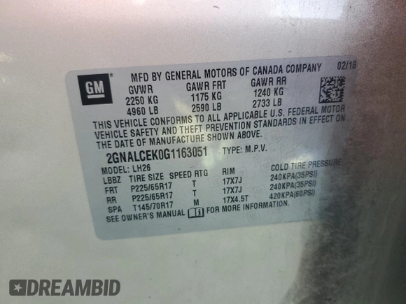 2016 Chevrolet Equinox LT with VIN 2GNALCEK0G1163051, listed as a Copart auction lot 49830235 with 137,110 mi miles and Salvage Title. Bid and sale history available at carsss.com. Image 15.