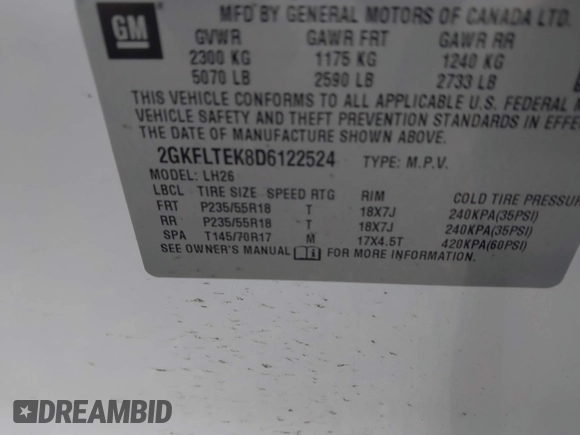 2013 GMC Terrain SLE with VIN 2GKFLTEK8D6122524, listed as a IAAI auction lot 42171663 with 98,531 mi miles and . Bid and sale history available at DreamBid. Image 9.