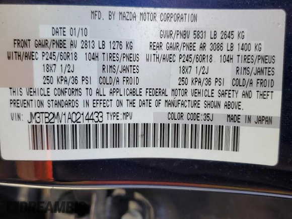 2010 Mazda CX-9 Touring with VIN JM3TB2MV1A0214433, listed as a Copart auction lot 52070525 with 146,107 mi miles and Salvage title. Bid and sale history available at DreamBid. Image 13.