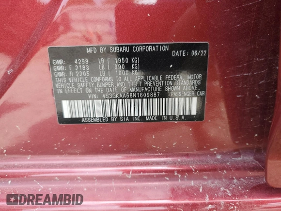 2022 Subaru Impreza with VIN 4S3GKAA68N1609887, listed as a Copart auction lot 54672485 with 72,241 mi miles and Salvage title. Bid and sale history available at DreamBid. Image 12.