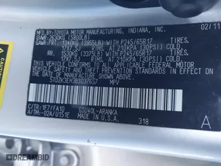 2011 Toyota Highlander with VIN 5TDZK3EH3BS037657, listed as a IAAI auction lot 41270390 with 262,060 mi miles. Bid and sale history available at carsss.com. Image 9.