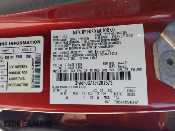 2014 Ford Fusion S with VIN 3FA6P0G71ER201573, listed as a IAAI auction lot 42079726 with 195,893 mi miles and . Bid and sale history available at DreamBid. Image 9.