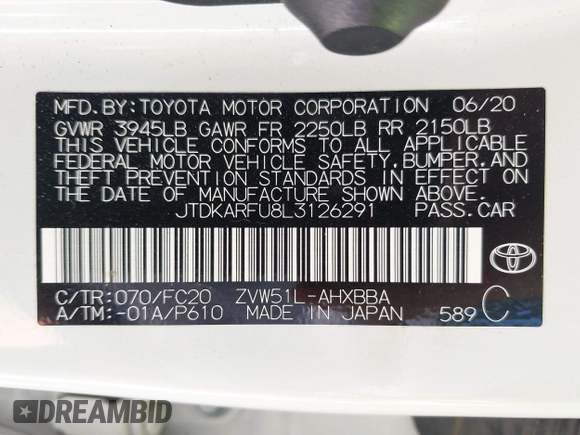 2020 Toyota Prius L Eco z VIN JTDKARFU8L3126291, wystawiony jako IAAI lot #42190242 z przebiegiem 60 404 mil mil oraz . Historia ofert i sprzedaży dostępna na DreamBid. Obrazek 9.