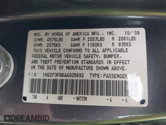 2010 Honda Accord EX-L z VIN 1HGCP3F86AA005692, wystawiony jako IAAI lot #42260882 z przebiegiem 172 649 mil mil oraz . Historia ofert i sprzedaży dostępna na DreamBid. Obrazek 9.
