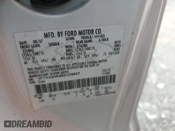 2008 Ford Super Duty F-250 SRW XL with VIN 1FTSX20R48EC09657, listed as a Copart auction lot 89409565 with 0 mi miles and Clean Title. Bid and sale history available at carsss.com. Image 12.