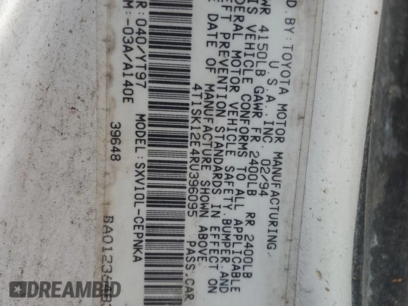 1994 Toyota Camry LE with VIN 4T1SK12E4RU396095, listed as a Copart auction lot 42987105 with 289,218 mi miles and Salvage Title. Bid and sale history available at carsss.com. Image 13.