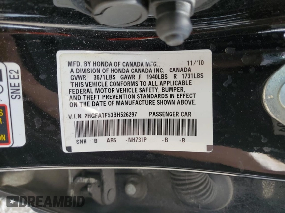 2011 Honda Civic LX with VIN 2HGFA1F53BH526297, listed as a Copart auction lot 53822925 with 156,639 mi miles and Salvage Title. Bid and sale history available at DreamBid. Image 12.