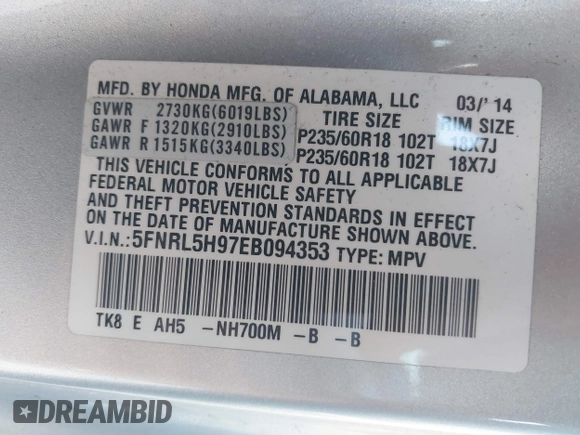 2014 Honda Odyssey Touring with VIN 5FNRL5H97EB094353, listed as a IAAI auction lot 41701712 with 141,228 mi miles and . Bid and sale history available at DreamBid. Image 9.