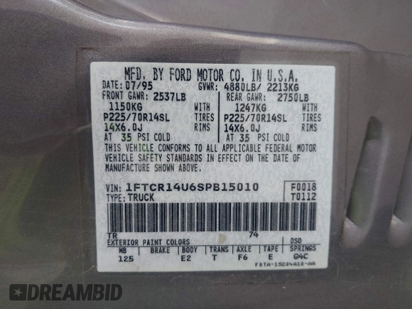 1995 Ford Ranger Splash with VIN 1FTCR14U6SPB15010, listed as a IAAI auction lot 42499857 with 102,751 mi miles and . Bid and sale history available at DreamBid. Image 9.