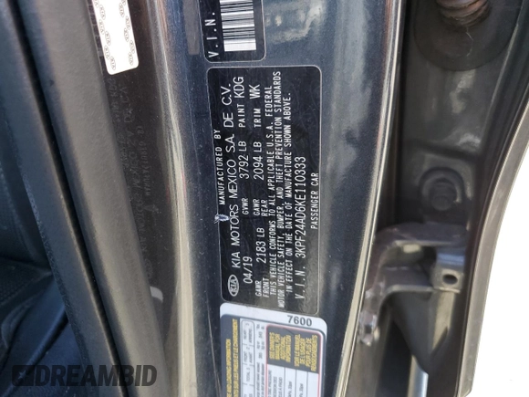 2019 Kia Forte LXS with VIN 3KPF24AD6KE110333, listed as a Copart auction lot 51815905 with 89,969 mi miles and Salvage Title. Bid and sale history available at carsss.com. Image 12.
