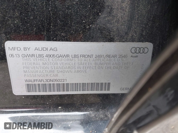2013 Audi A4 Premium Plus with VIN WAUFFAFL3DN050221, listed as a IAAI auction lot 41949533 with 173,250 mi miles. Bid and sale history available at carsss.com. Image 9.