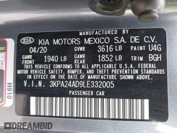 2020 Kia Rio LX with VIN 3KPA24AD9LE332005, listed as a IAAI auction lot 41870210 with 71,777 mi miles and . Bid and sale history available at DreamBid. Image 9.