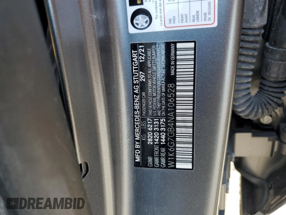 2022 Mercedes-Benz S 580 с VIN W1K6G7GB4NA106528, выставлен на аукционе Copart как лот 52556115 с пробегом 39 827 миль миль и Списание • Salvage title. История ставок и продаж доступна на DreamBid. Изображение 15.